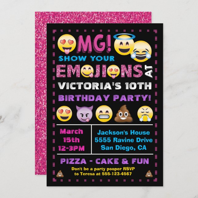 Emoji Rosa Glitter Födelsedagsfest inbjudan (Fram/baksida)