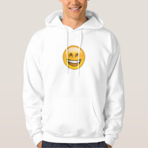 Emoji som ler ansikte med den öppna munnen och le sweatshirt med luva