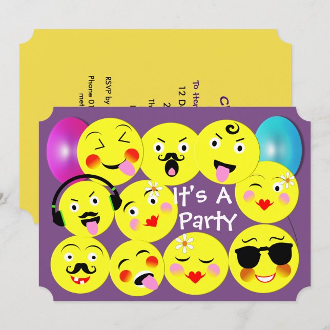 Emoticon Funny Cute Trendig Ansikte Party Inbjudningar (Fram/baksida)