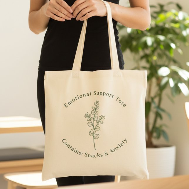Emotional Support Funny Sage Green Mental Health Tygkasse (Sage Green Eucalyptus illustration + Typography: Emotional Support Tote - Contains: Snacks & Anxiety)