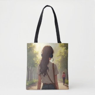 Emotionell flicka som lyssnar på musik tote bags tygkasse