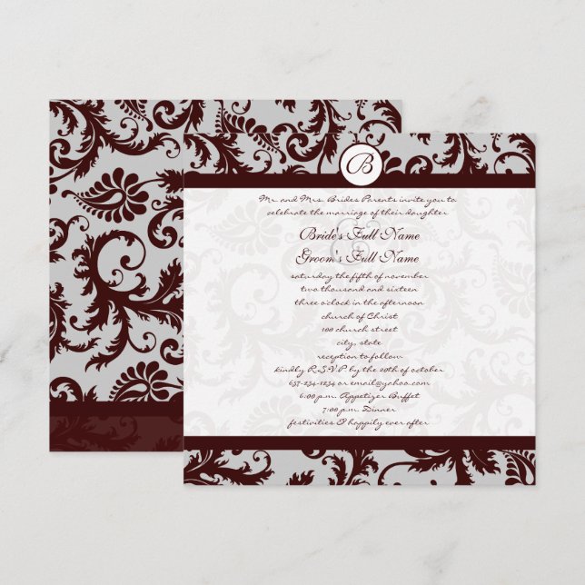 Emperator Chocolate Brown Damask Wedding Inbjudan (Fram/baksida)