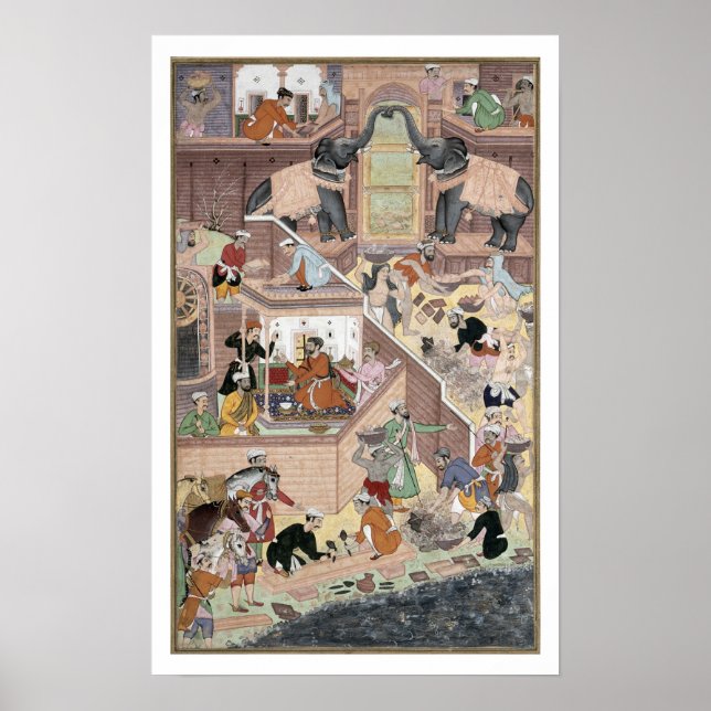 Emperor Akbar (r.1556-1605) som inspekterar byggna Poster (Framsidan)