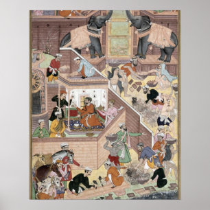 Emperor Akbar (r.1556-1605) som inspekterar byggna Poster