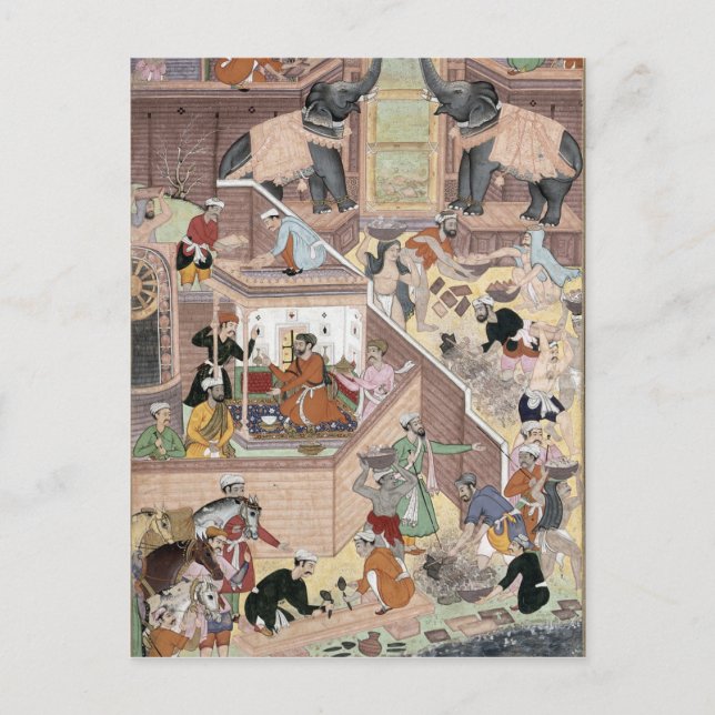 Emperor Akbar (r.1556-1605) som inspekterar byggna Vykort (Framsida)