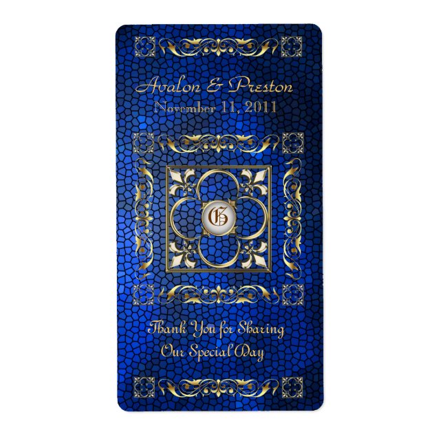 Emperor Blue Stached Glass Vin Bröllop etikett Fraktsedel (Framsidan)