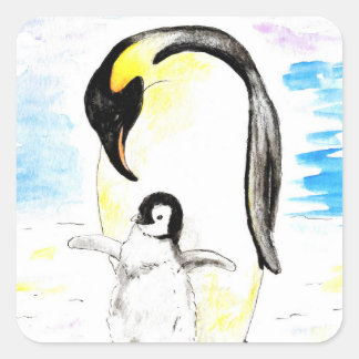 Emperor Penguin and Chick Watercolor Painting Fyrkantigt Klistermärke