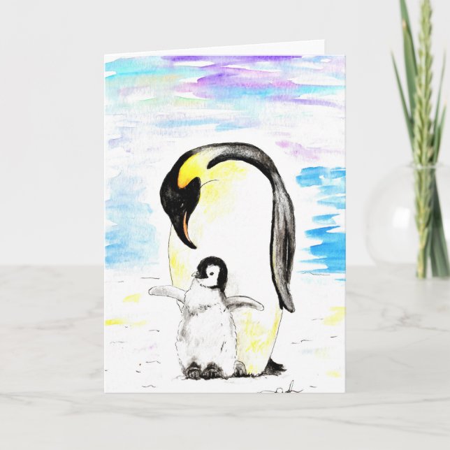 Emperor Penguin and Chick Watercolor Painting Kort (Framsida)