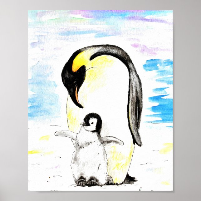 Emperor Penguin and Chick Watercolor Painting Poster (Framsidan)