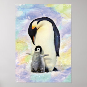 Emperor Penguin med Baby Chick Watercolor Art Poster