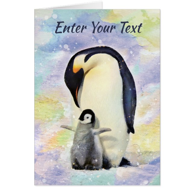 Emperor Penguin med Baby Chick Watercolor Hälsningskort (Framsidan)