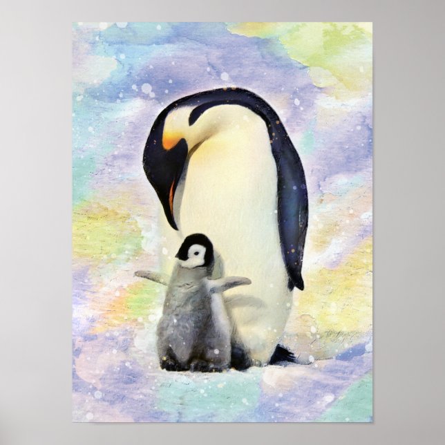 Emperor Penguin med Baby Chick Watercolor Poster (Framsidan)