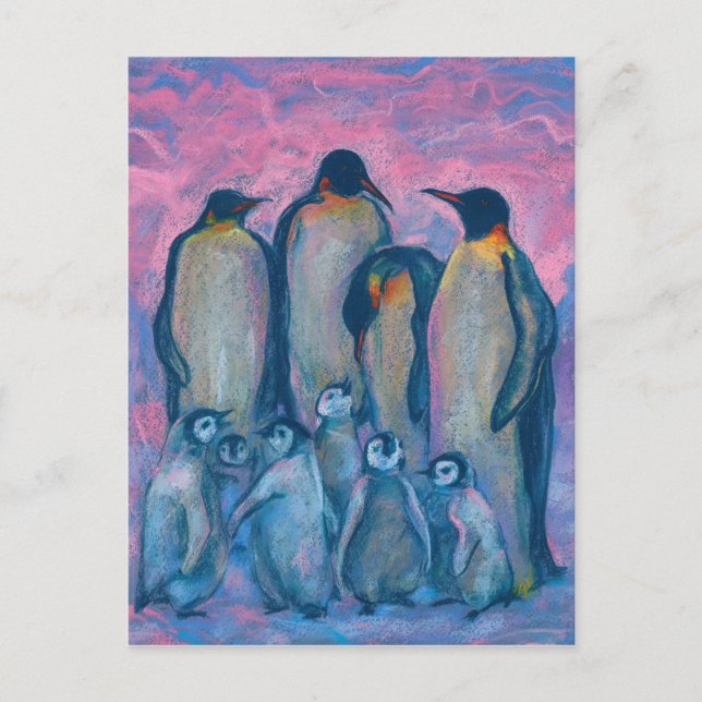 Emperor Penguins Antarktis Fågelmålning Vykort (Framsida)