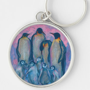 Emperor Penguins, fågelföräldrar och barn i Antark Rund Silverfärgad Nyckelring
