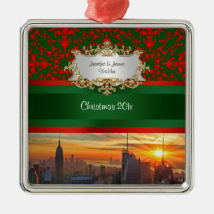 Empire St Bldg Solnedgång NYC Röd Grön Damask Jul Julgransprydnad Metall