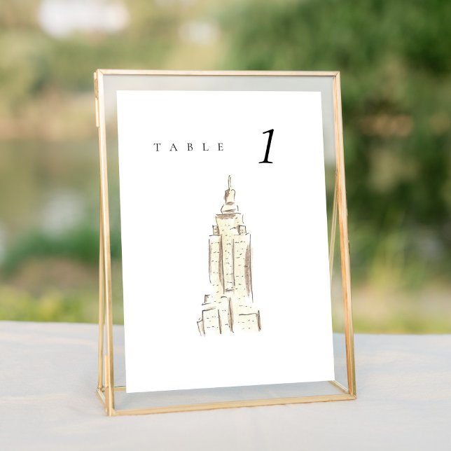 EMPIRE STATE BYGGNAD NYC BRÖLLOP BORDSNUMMER (Watercolor Empire State Building New York City Skyline wedding table number sign.)