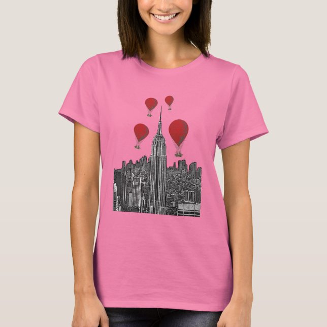 Empire state Byggnad och Röda Luftballonger T Shirt (Framsida)