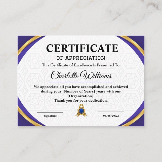 Employee Recognition Appreciation Gold Certificate Tilläggskort (Framsida)