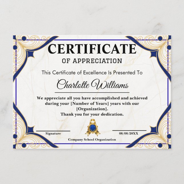 Employee Recognition Certificate Blue Gold Tilläggskort (Framsida)