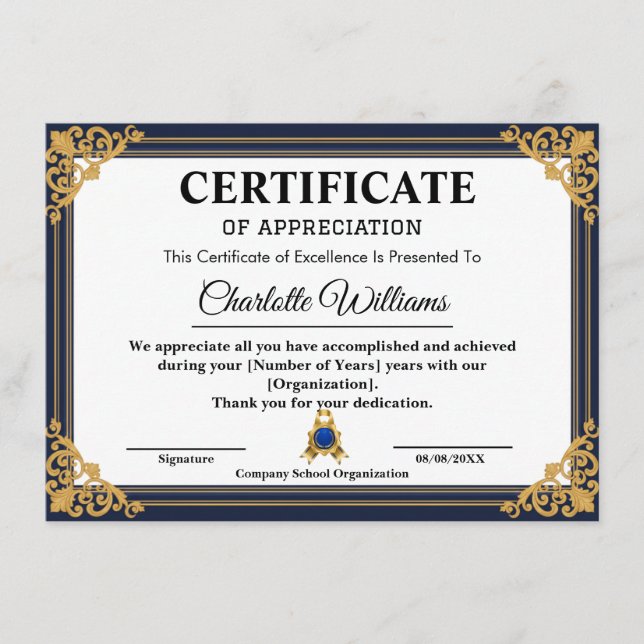 Employee Years of Service Certificate Gold Tilläggskort (Framsida)