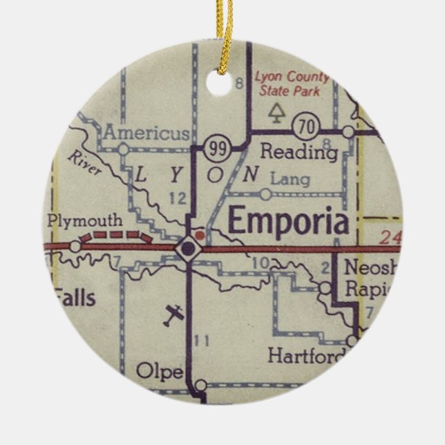 Emporia Kansas Vintage Karta Julgransprydnad Keramik (Framsidan)