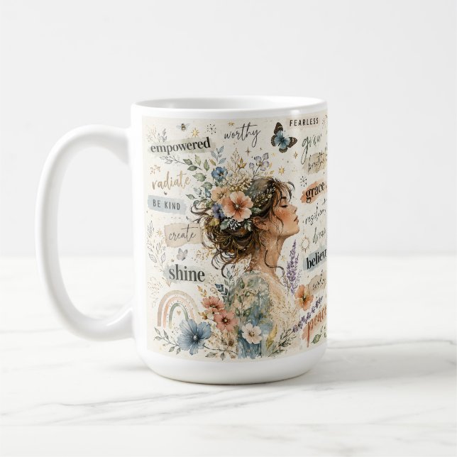 Empowerad blomsterbekräftelse vattenfärg konstverk kaffemugg (Vänster)