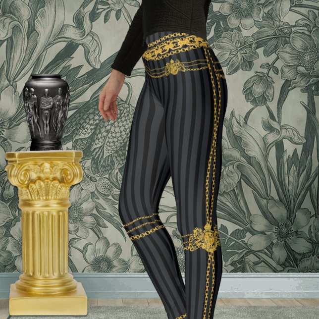 Empress Black & Grått Rand Guld Chains Leggings (Skapare uppladdad)