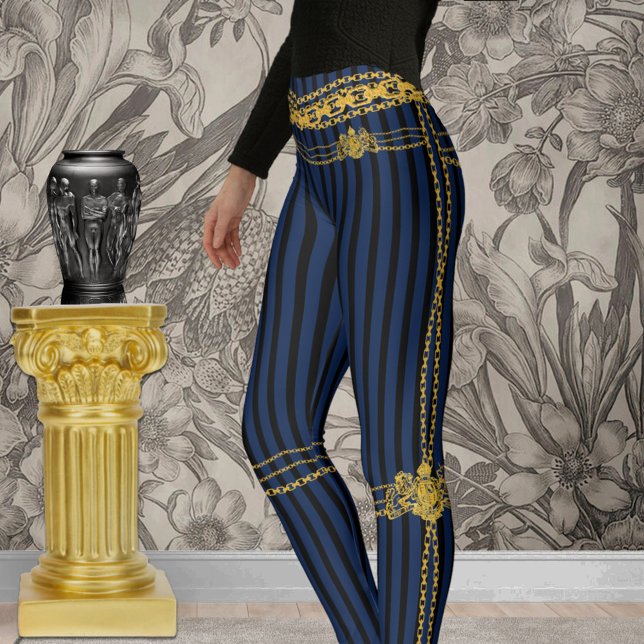 Empress Guld chain Lejon Emblem Black Blue Rand Leggings (Skapare uppladdad)