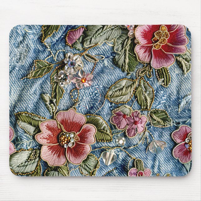 Emroided Jewel Blommigt Denim Struktur Musmatta (Framsidan)