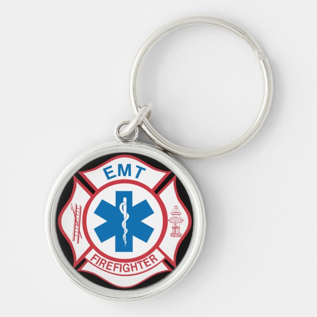 EMT-brandmansymbol Rund Silverfärgad Nyckelring (Framsidan)