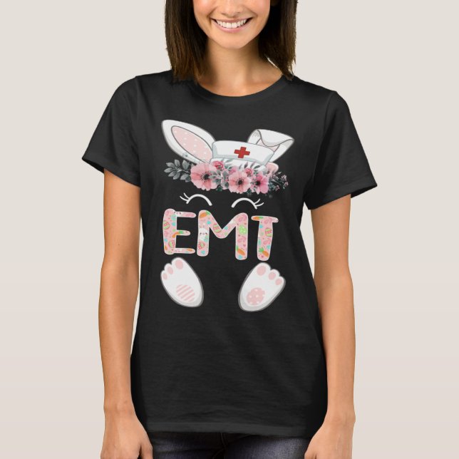 EMT Easter Nurse Floral Bunny T Shirt (Framsida)