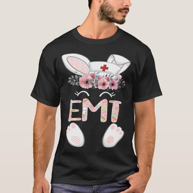 EMT Easter Nurse Floral Bunny T Shirt (Framsida)