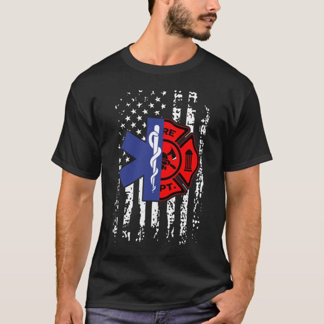 EMT Firefighter American Flagga T Shirt (Framsida)
