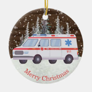 EMT Parmedic Ambulance jul Ceramic Ornamic Julgransprydnad Keramik