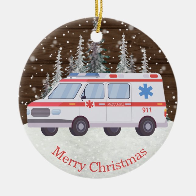 EMT Parmedic Ambulance jul Ceramic Ornamic Julgransprydnad Keramik (Framsidan)