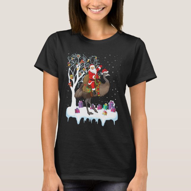 Emu Bird Älskare Julafton Santa Riding Emu jul T Shirt (Framsida)