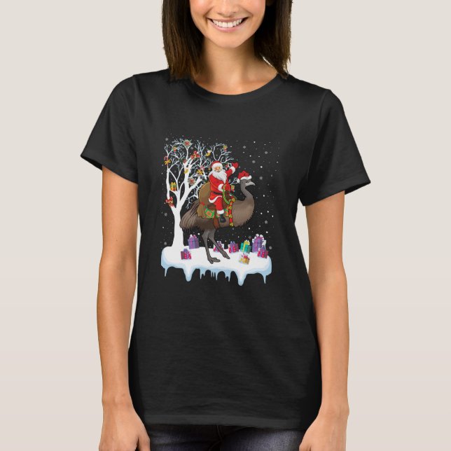 Emu Bird Älskare Julafton Santa Riding Emu T Shirt (Framsida)