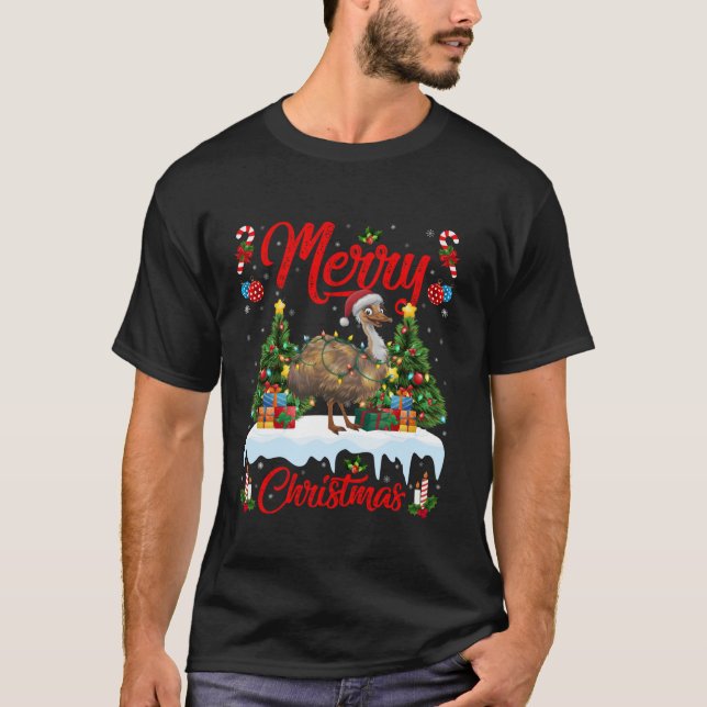 Emu Bird Julafton Träd Lighting Santa Hat Emu Chri T Shirt (Framsida)