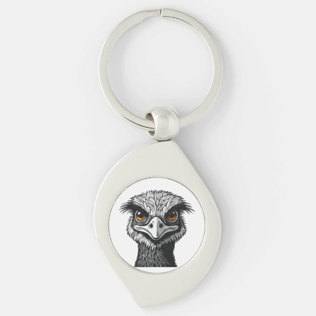 Emu fågel huvud swirl silverfärgad nyckelring (Framsidan)