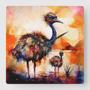 Emu-hona och unge i det australiensiska inlandet fyrkantig klocka