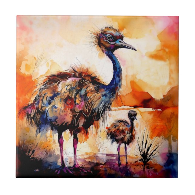 Emu-hona och unge i det australiensiska inlandet kakelplatta (Framsidan)