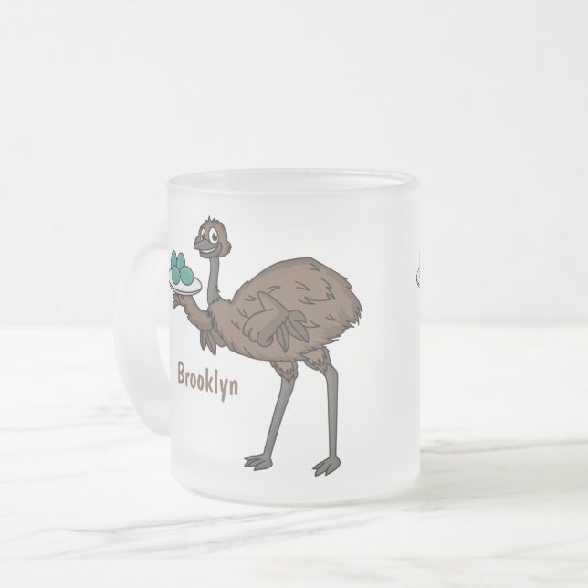 Emu med ägg tecknad illustration frostad glasmugg (Framsida vänster)