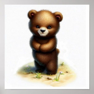 En 3D-akvarellmålning av en grizzlybjörnunge Poster