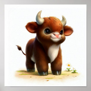 En 3D-renderad bild av en Cute Young Bull Poster