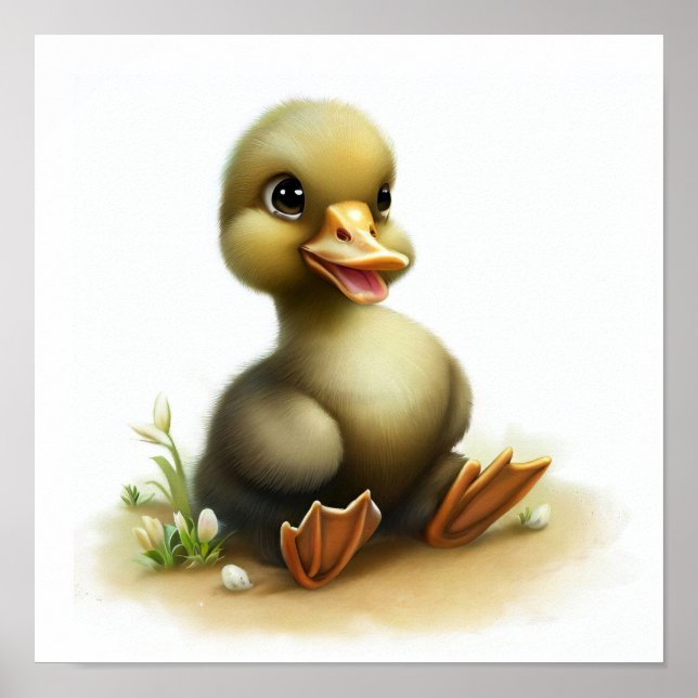 En 3D-vattenfärg målning av en Cute Young Goose Poster (Framsidan)