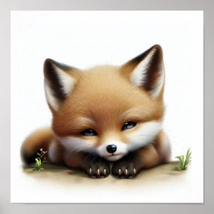 En 3D-vattenfärgsfärg för en Cute Young Fox Poster