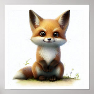 En 3D-vattenfärgsfärg för en Cute Young Fox Poster