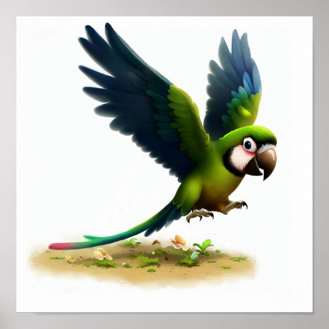 En 3D-vattenfärgsfärg för en Underbar Grönt Macaw Poster (Framsidan)