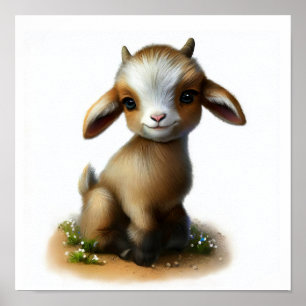 En 3D-vattenfärgsfärg på en Cute Goat Poster