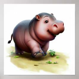 En 3D-vattenfärgsfärg på en Cute Hippopotamus Poster